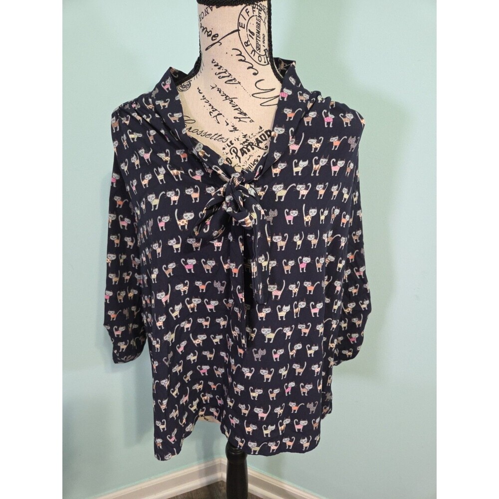 Poema Cat-Print Tie-Neck Blouse medium anthropologie cat lady